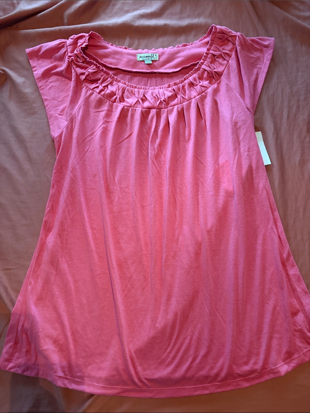 ONE WORLD Pink Ruffle-Trim Short Sleeve Scoop Neck Tee